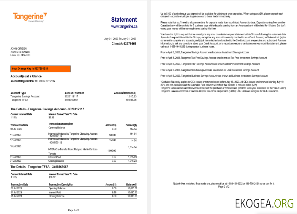 Modèle Word et PDF de relevé bancaire Canada Tangerine